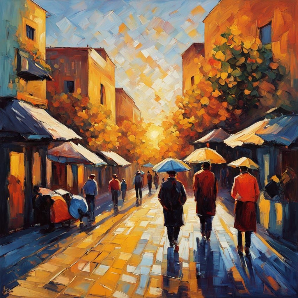 Vibrant Tashkent Street Scene in Neo-Expressionist Oil Paint...