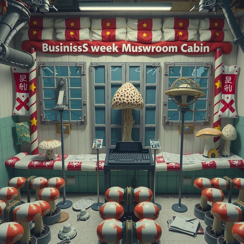 Whimsical Gum Cabin Amidst Mushroom Flags in Hyperreal Wonde...