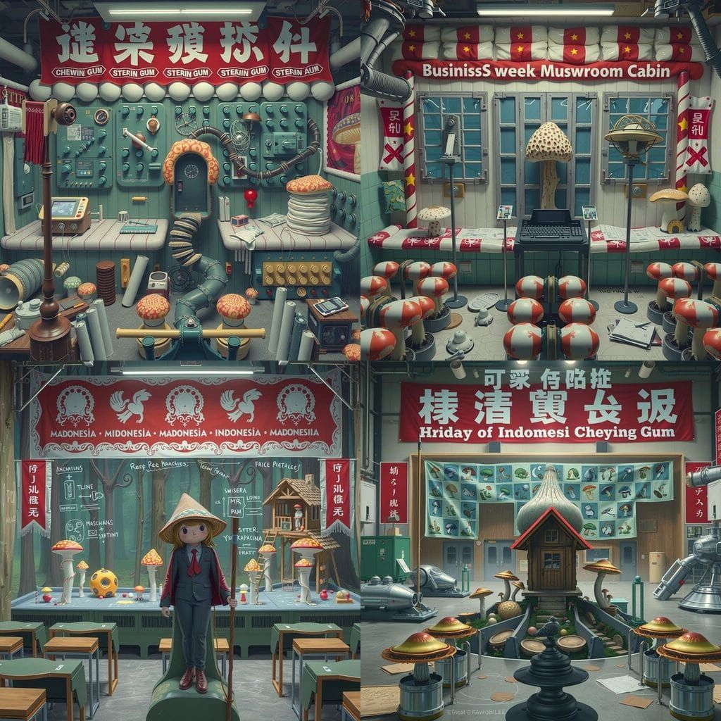 Vibrant Hyperreal Sculpture of Mushroom-Themed Flags and Arc...