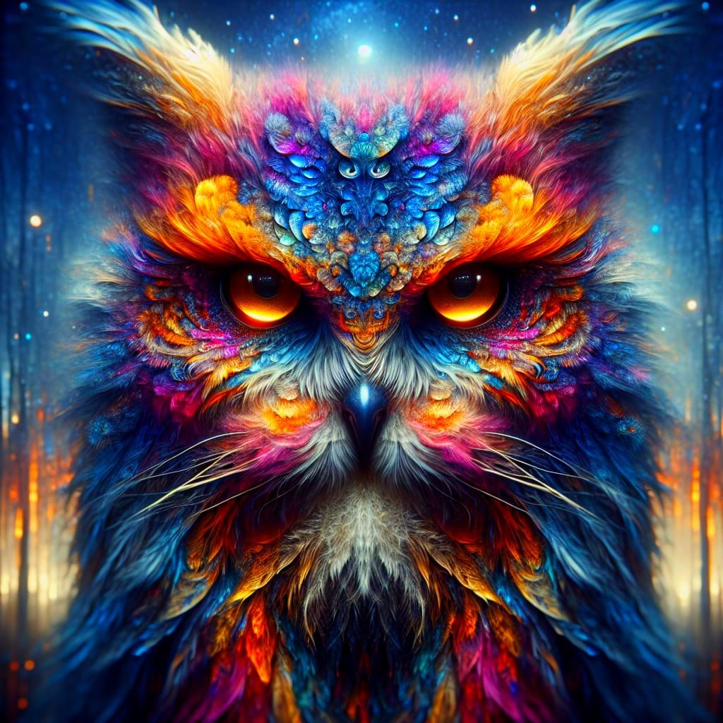 Surreal Zouwu-Owl Portrait in Vibrant Double Exposure HDR