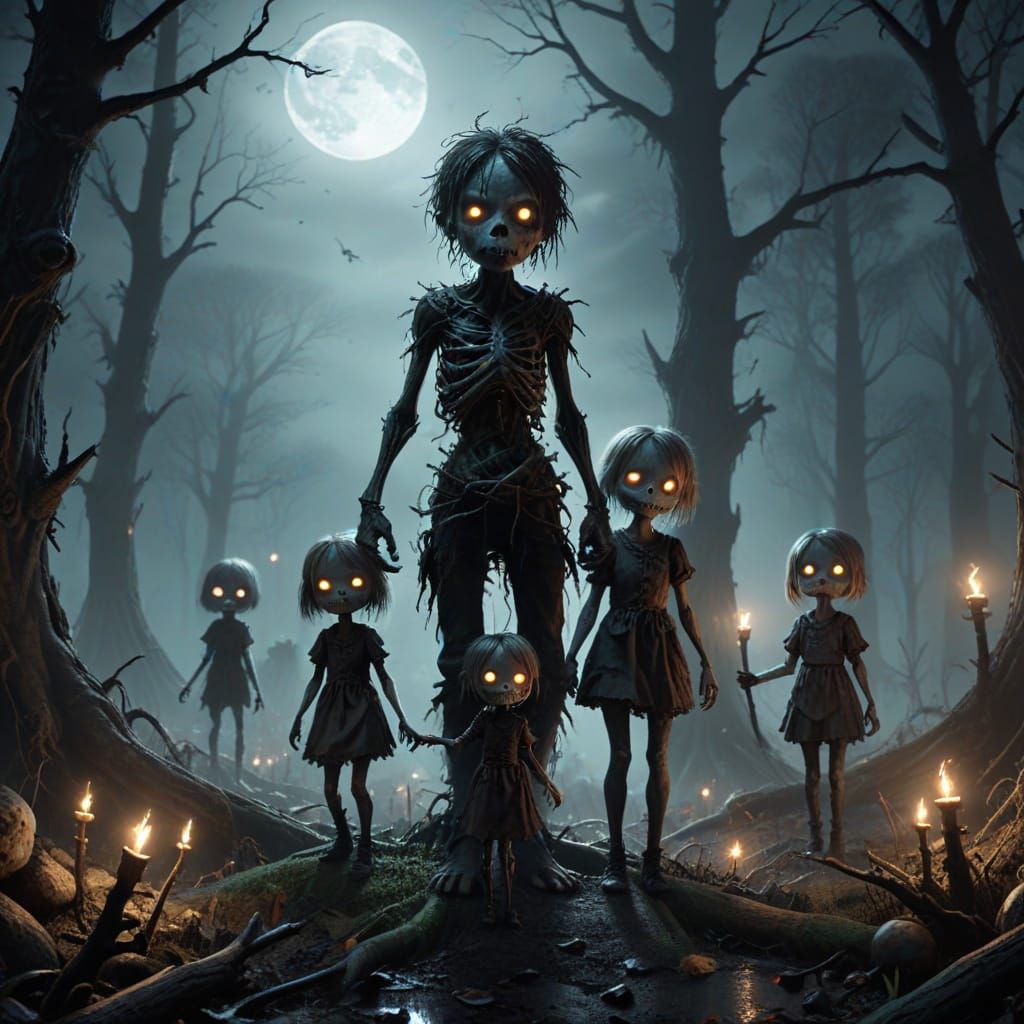 Sinister Zombie Children in Dark Fantasy Woodland