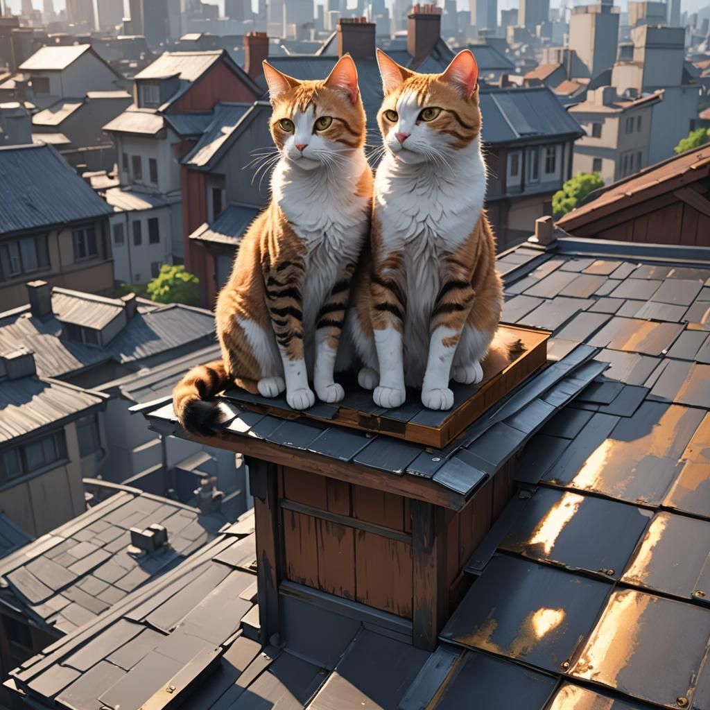 Two Cats on a Hot Tin Roof in 3D Anime Style