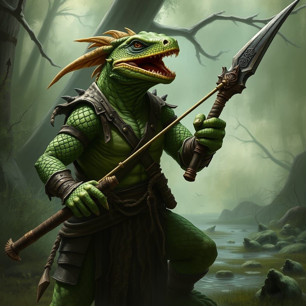 Fantasy Lizard Barbarian in Swamp Battle Stance