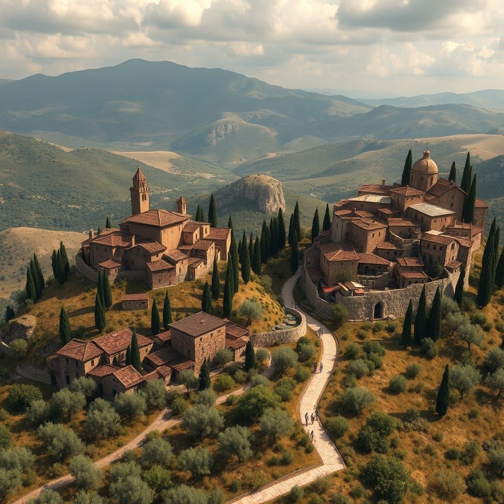 Ancient Mediterranean Villages in Vibrant Fantasy Landscape