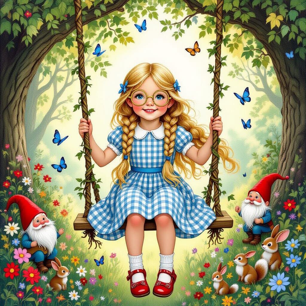 Whimsical Forest Scene: Girl on Tree Swing