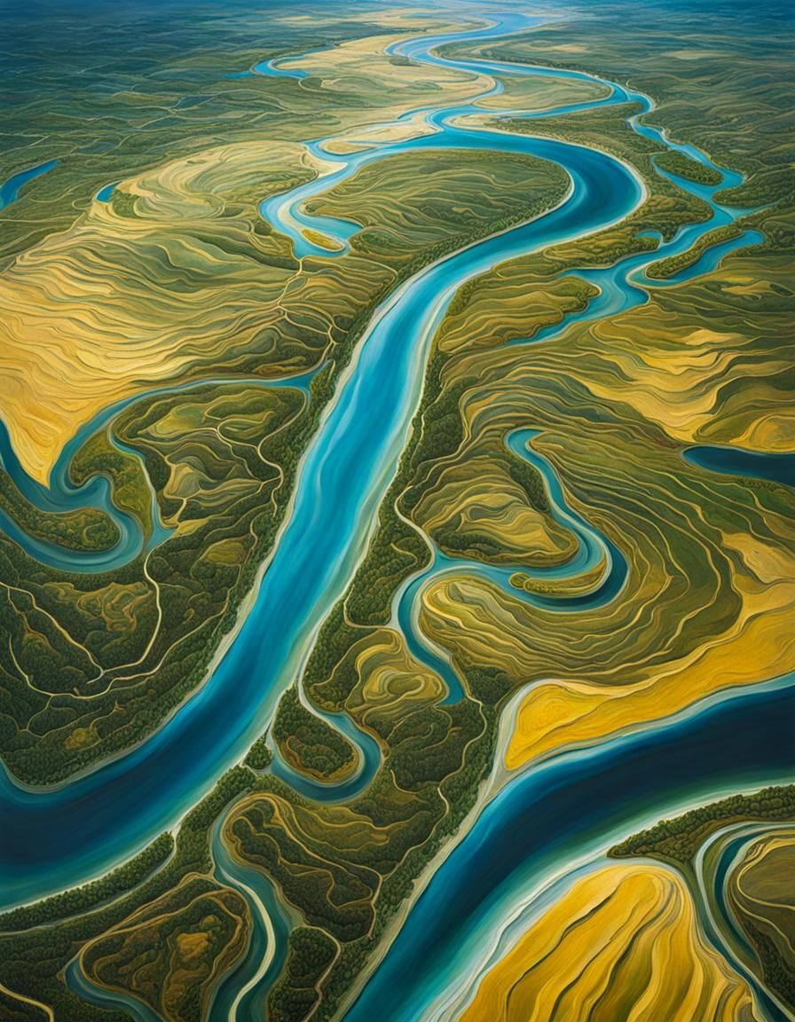 River Delta Aerial View in Surrealist Style