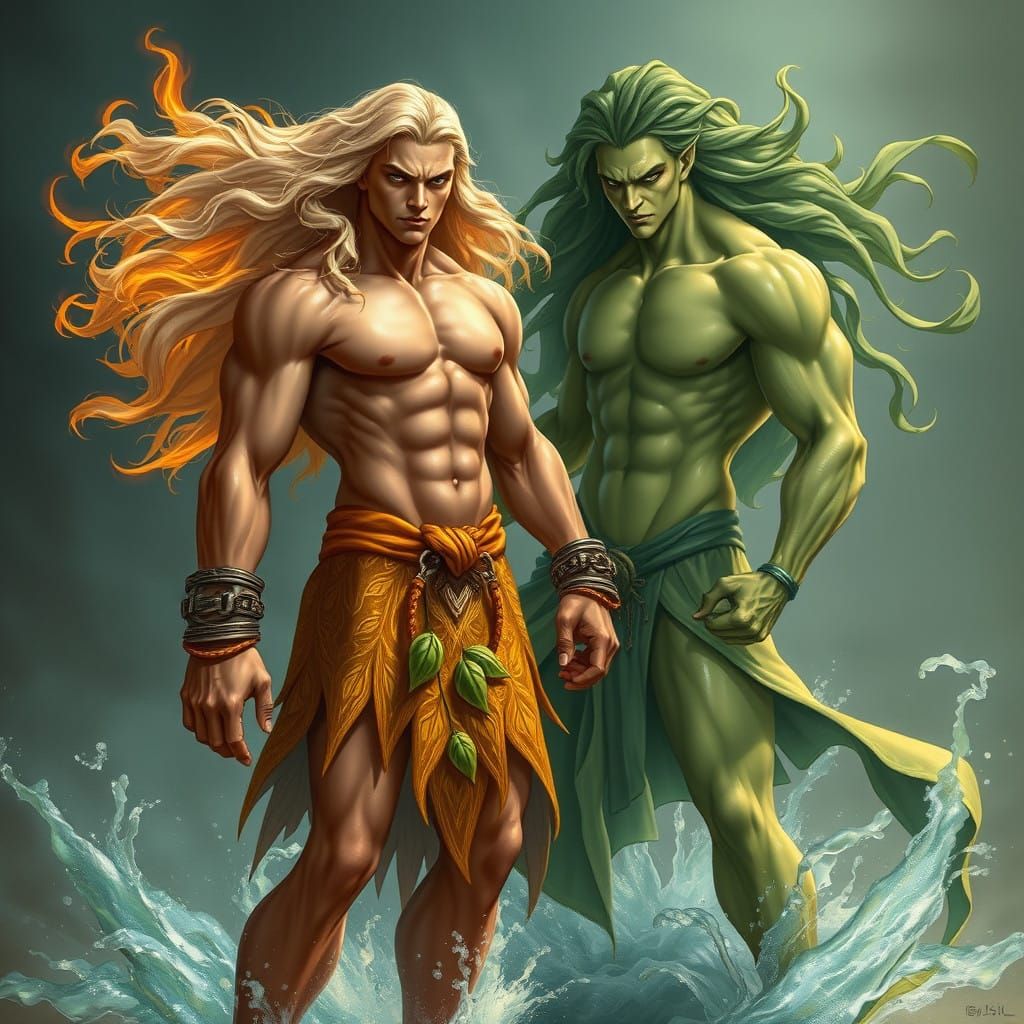 Muscled Fire Hero Stands Against Majestic Water Warrior