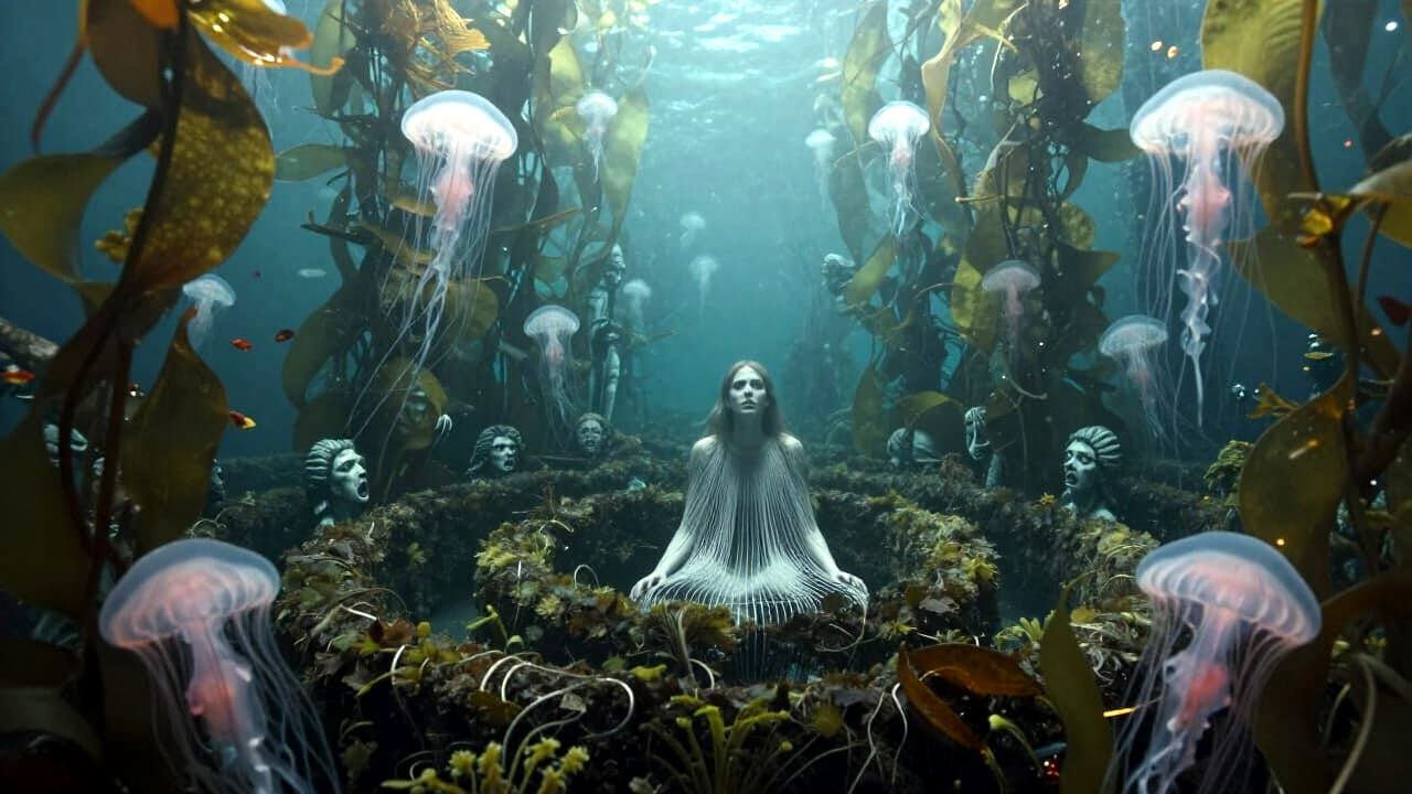 Surreal Deep-Sea Scene: Woman of Strings in Bioluminescent K...