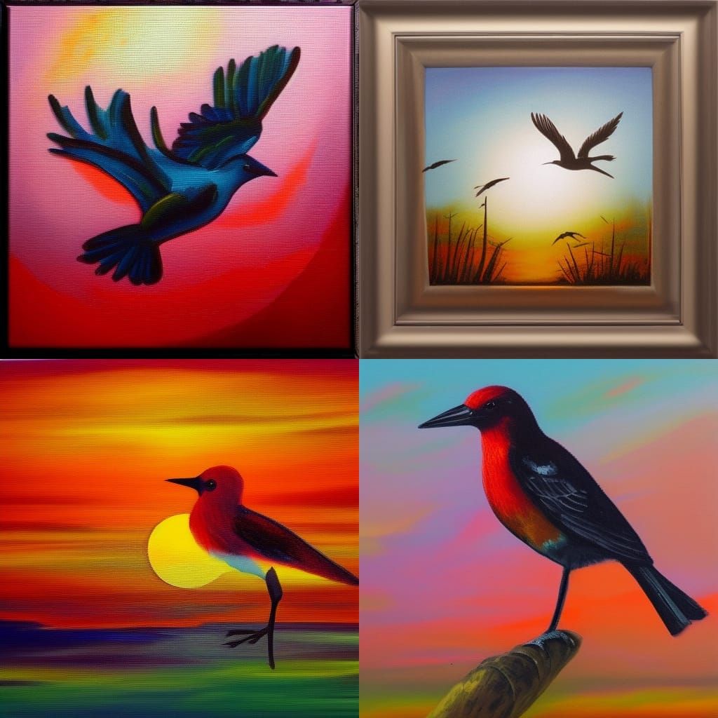 Birds at Sunset in Expressionist Oil Painting Style