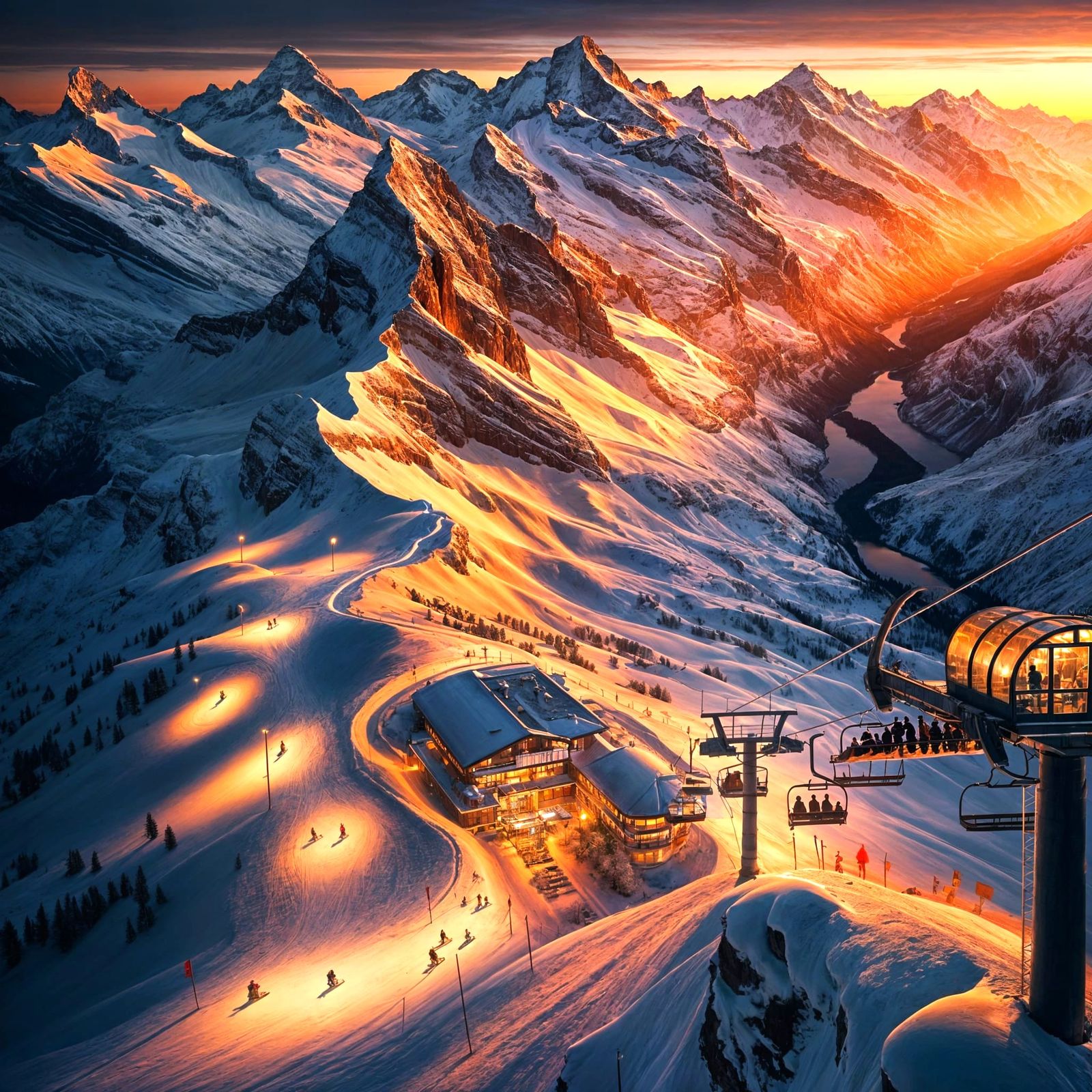 Golden Hour Swiss Alps Ski Scene Aerial View