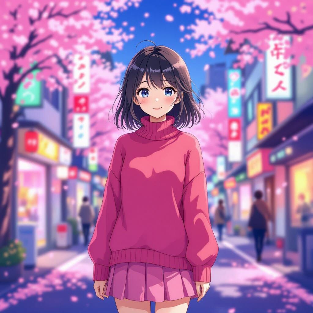 Anime Girl in Japanese Street Scene