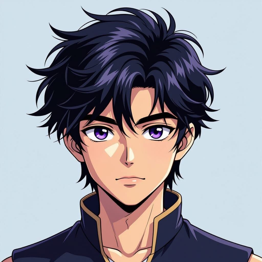 Anime Teen Boy with Violet Eyes and Wild Black Hair