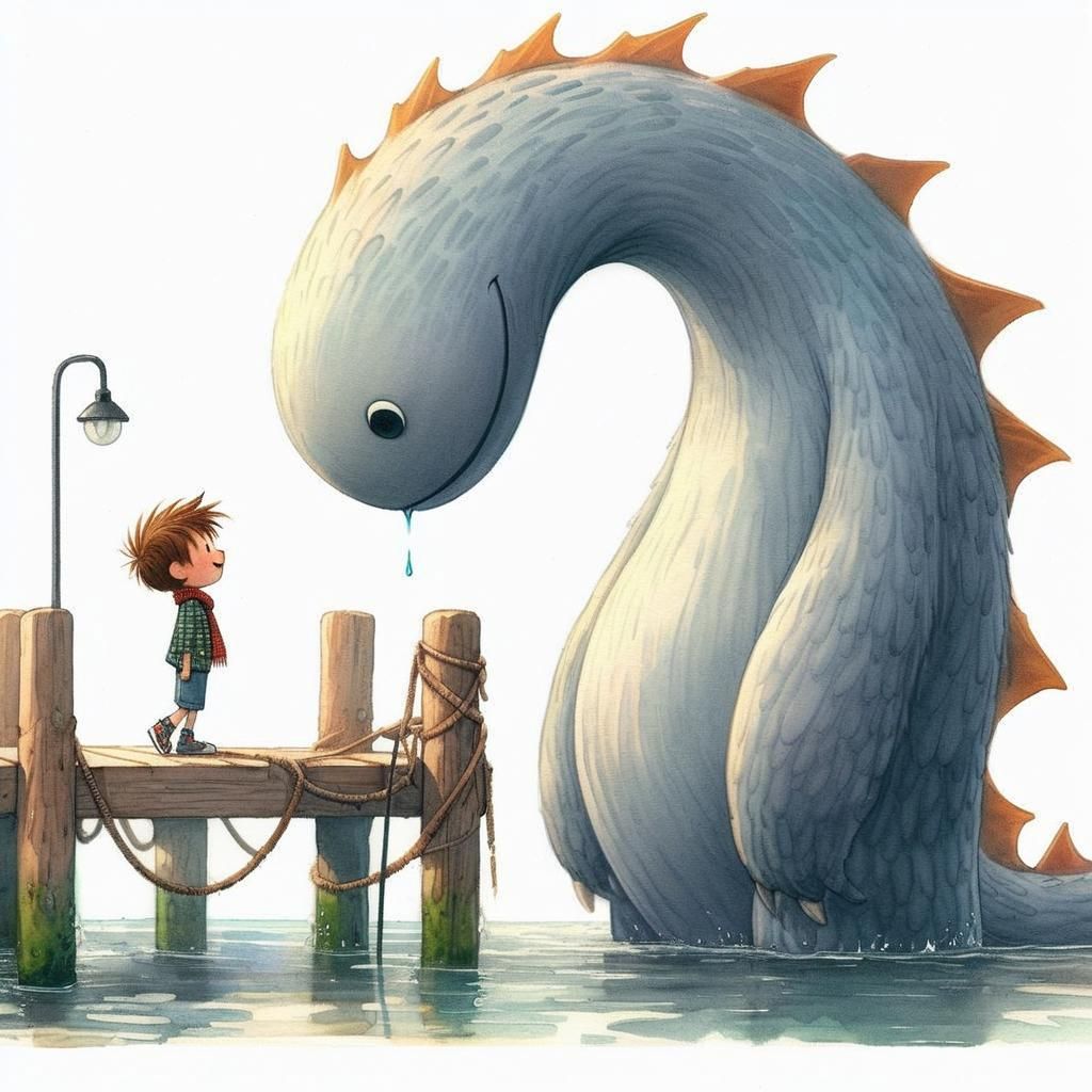 Adorable Loch Ness Monster and Boy Illustration
