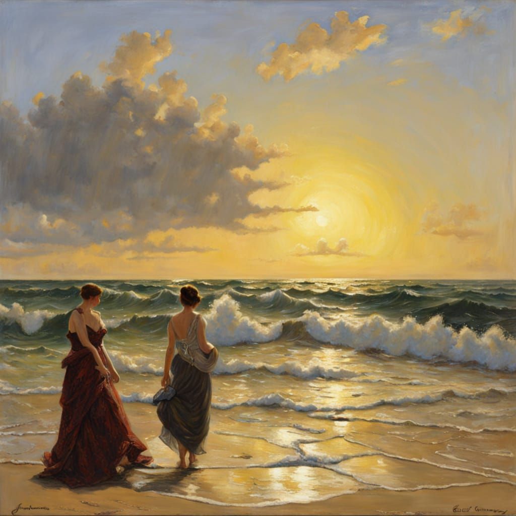 Renaissance Beach Scene as Oil Painting