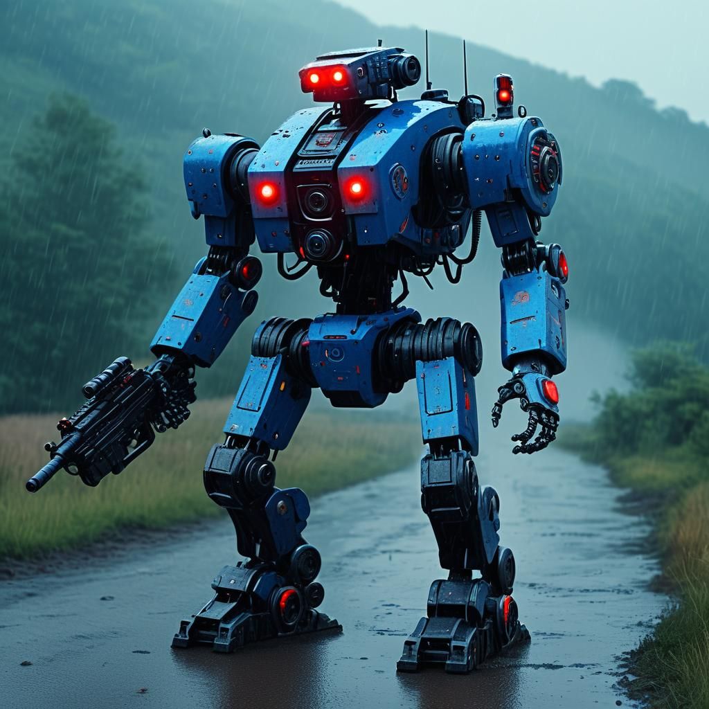 Xenomecha Police Robot in Post-Apocalyptic Landscape