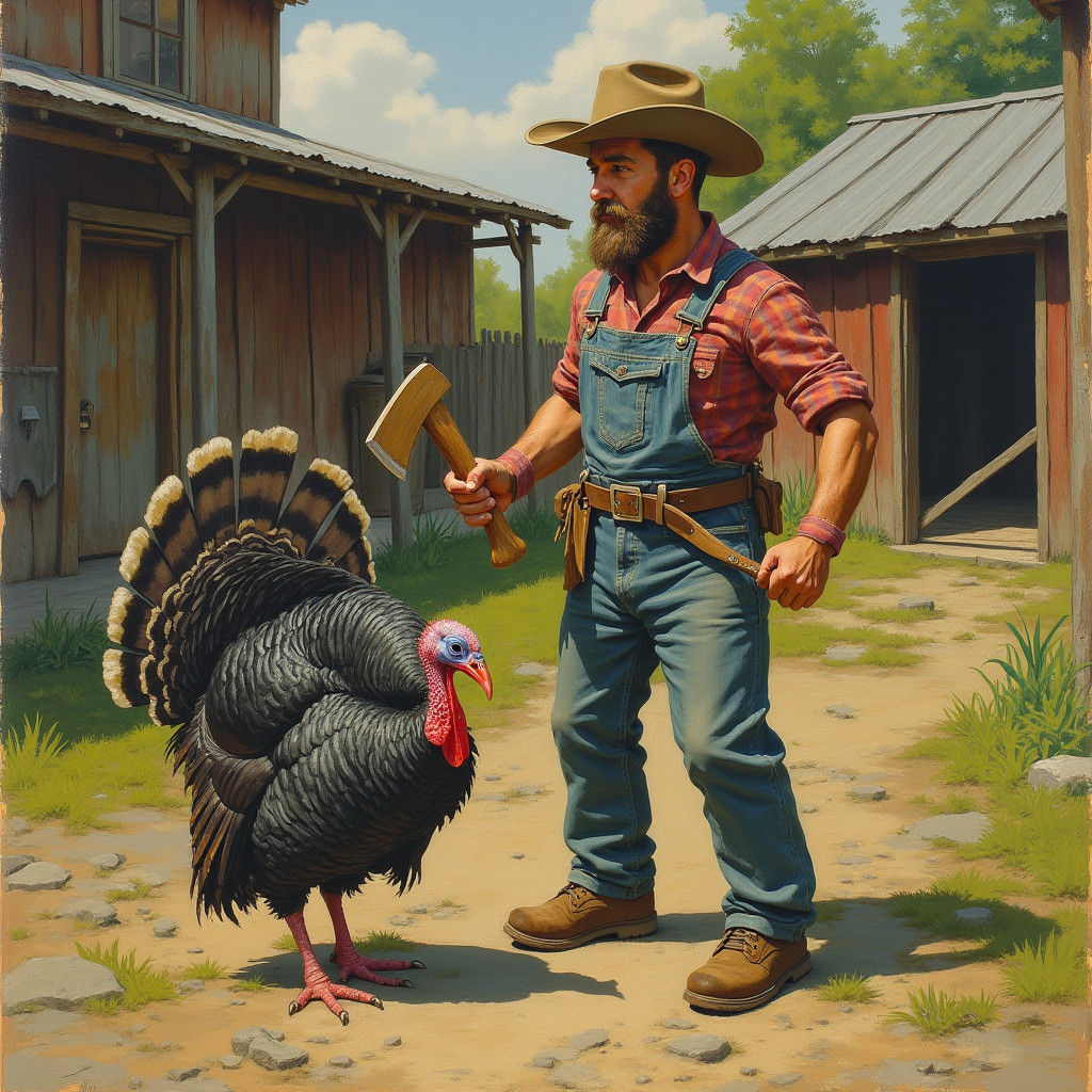 Farmer and Turkey in Rustic Folk-Art Realism