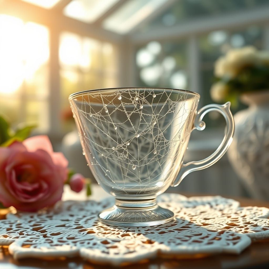 Crystalline Spiderweb Teacup on Lace Doily