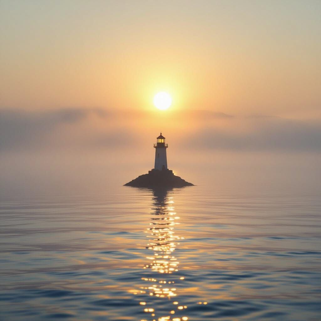 Hazy Dawn Over Calm Sea With Lighthouse
