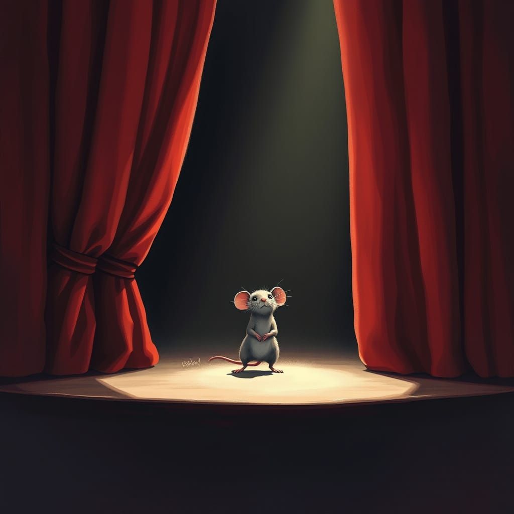 Shy Mouse on Stage in Dramatic Lighting