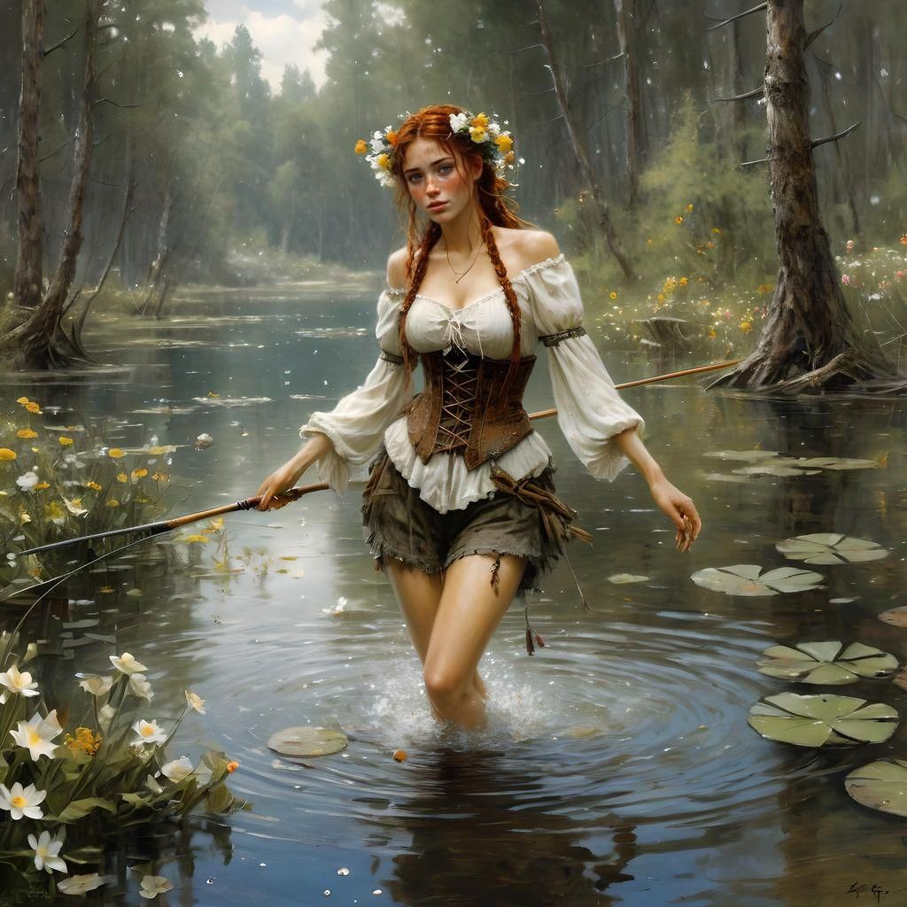 Freckled Peasant Girl Dancing in Forest Lake