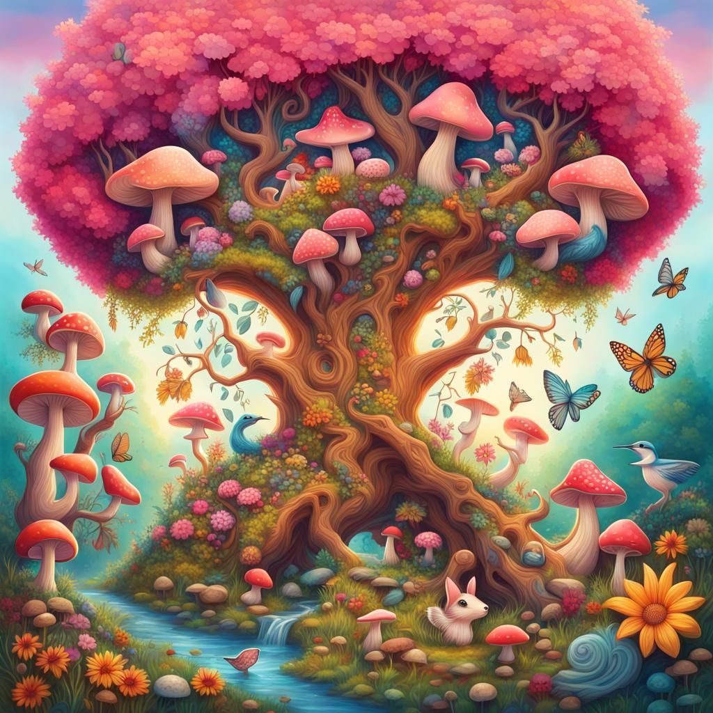 An imaginative and tree of life with cute pink flowers and mushrooms, surrounded by adorable animals