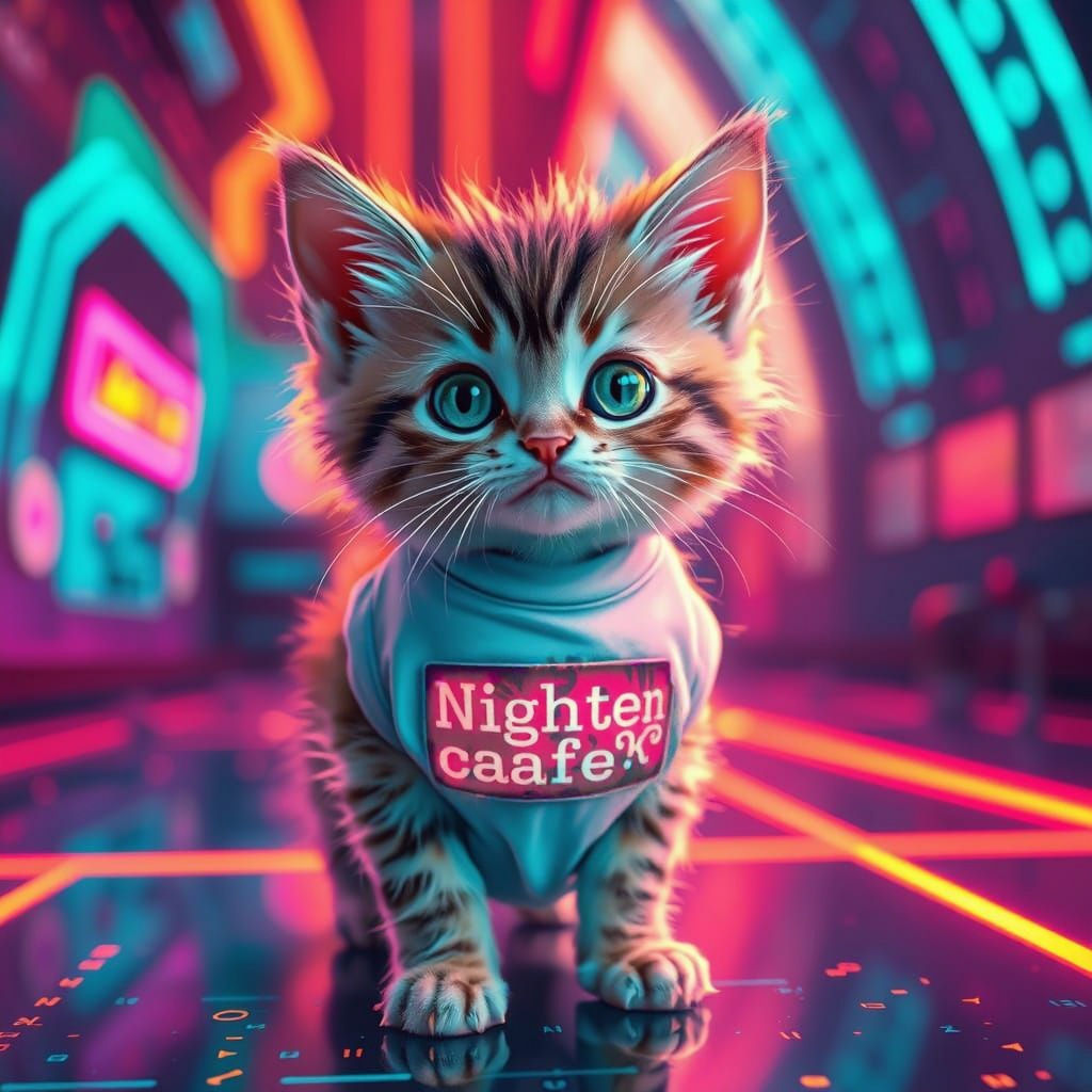 Kitten in a Digital Realm, Wearing a Glitched Cyberpunk Shir...