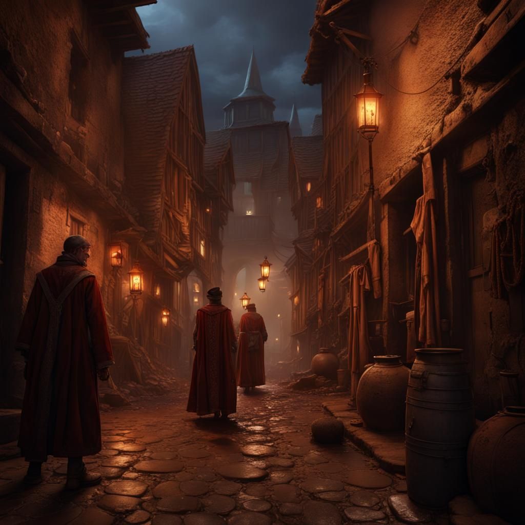 Antique City Alley at Night: Matte Painting Style