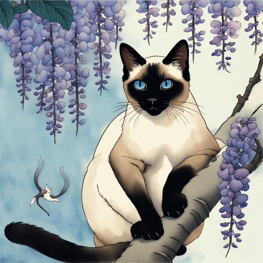 Siamese Cat Under Wisteria Tree in Nihonga Style
