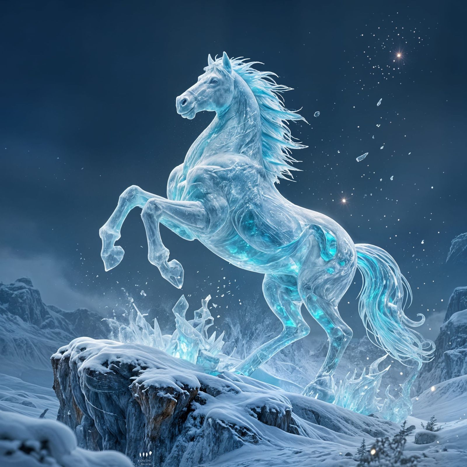 Majestic Ice Horse on Snowy Cliff Edge
