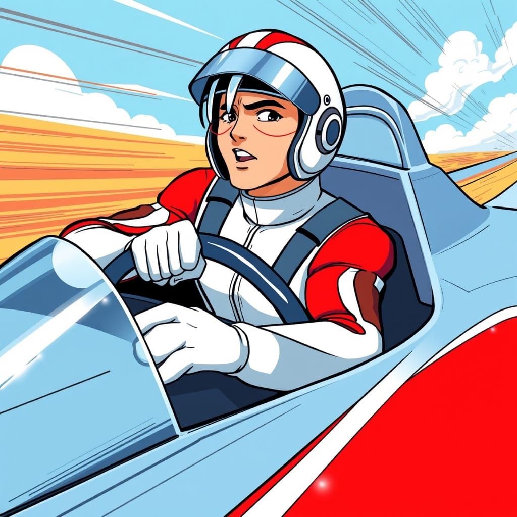 Speed Racer Driving Mach 5 in Anime Style