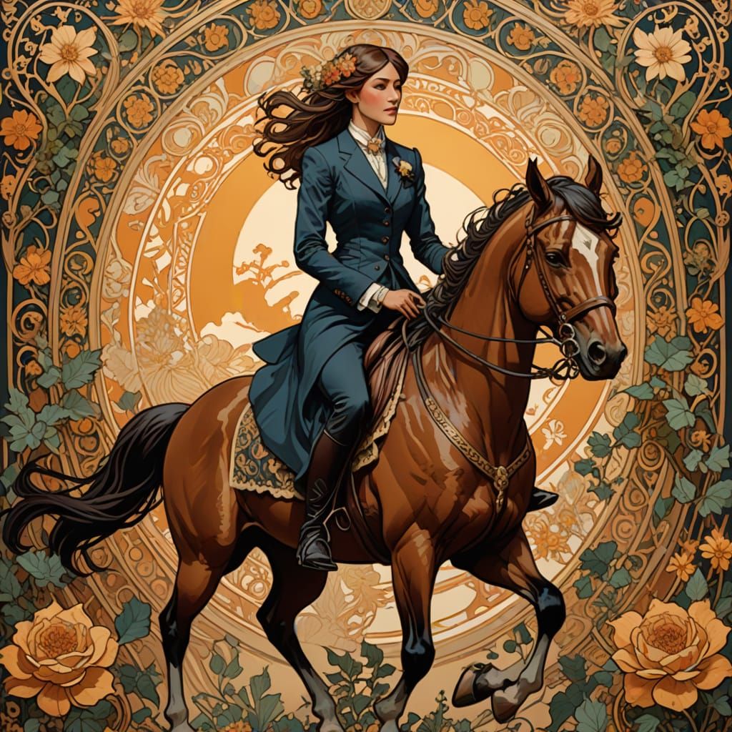 Fantasy Woman in Suit Rides Horse in Art Nouveau Style