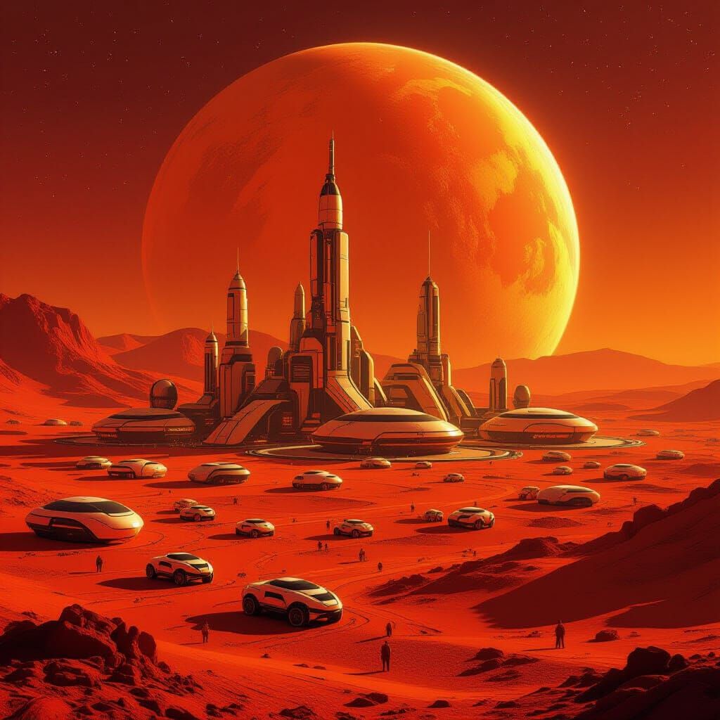 First Martian City with Red Sky in Fiery Colors