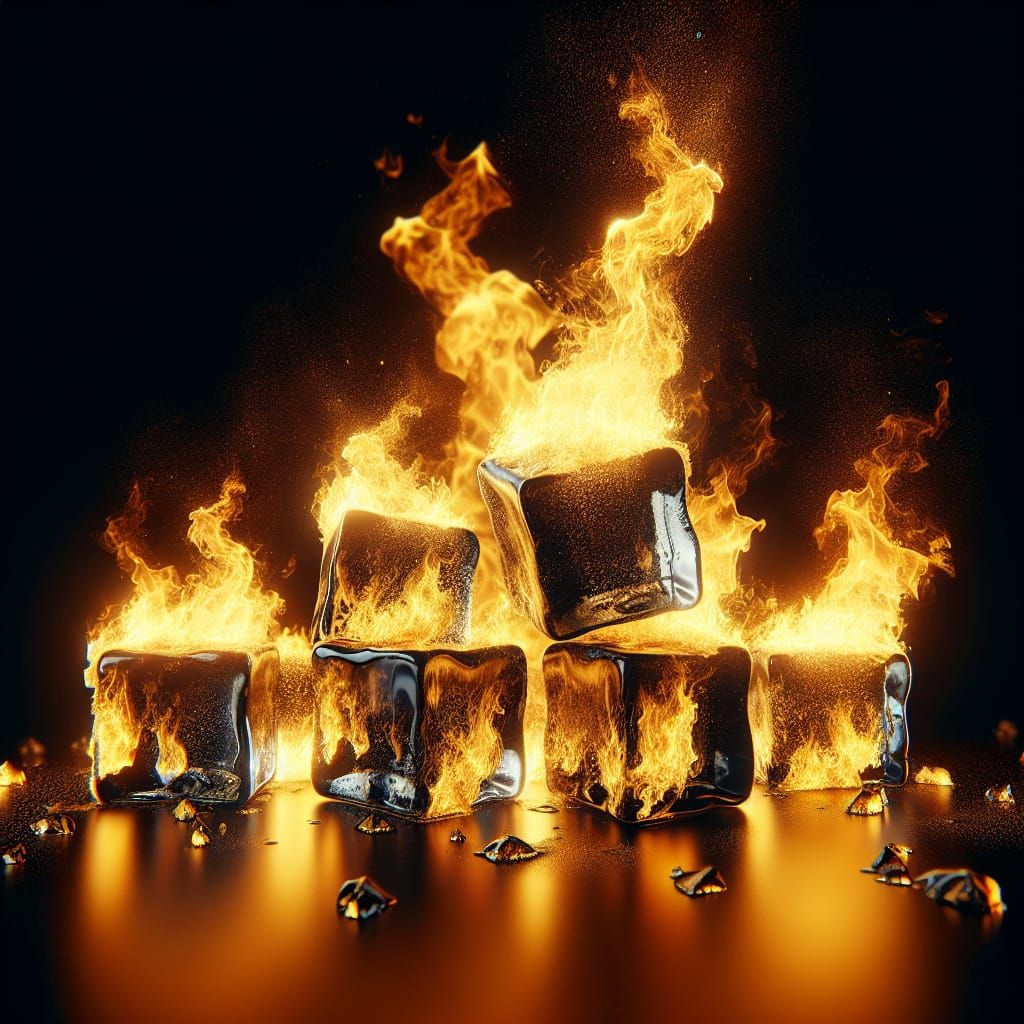 Golden Ice Cubes Melting on Fire: Cinematic Product Photogra...
