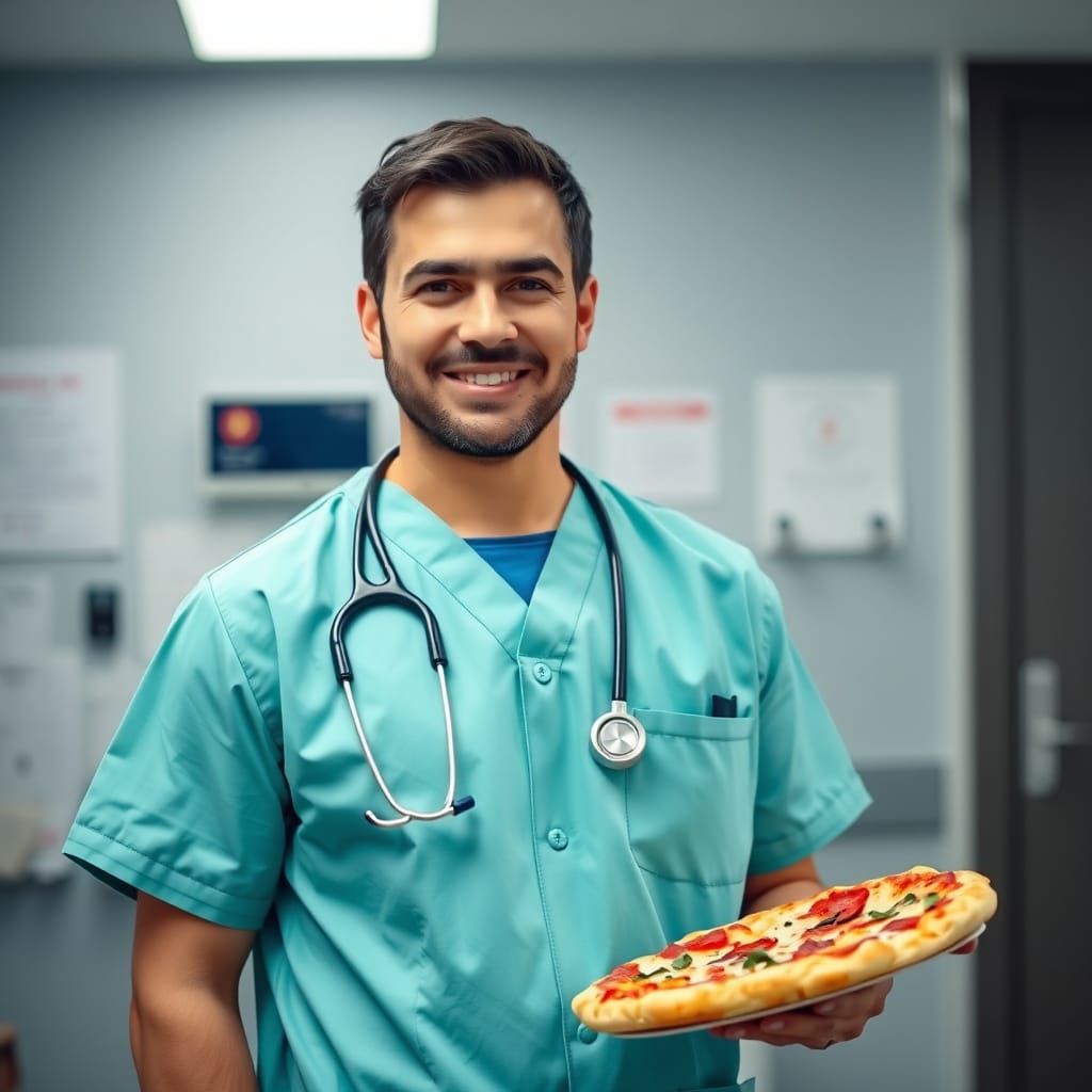 Doctor in Scrubs Holding a Pizza