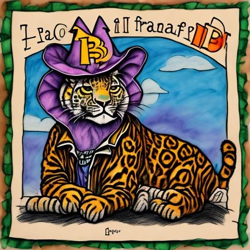 Cartoon Leopard in Witch Hat: Crayon Drawing