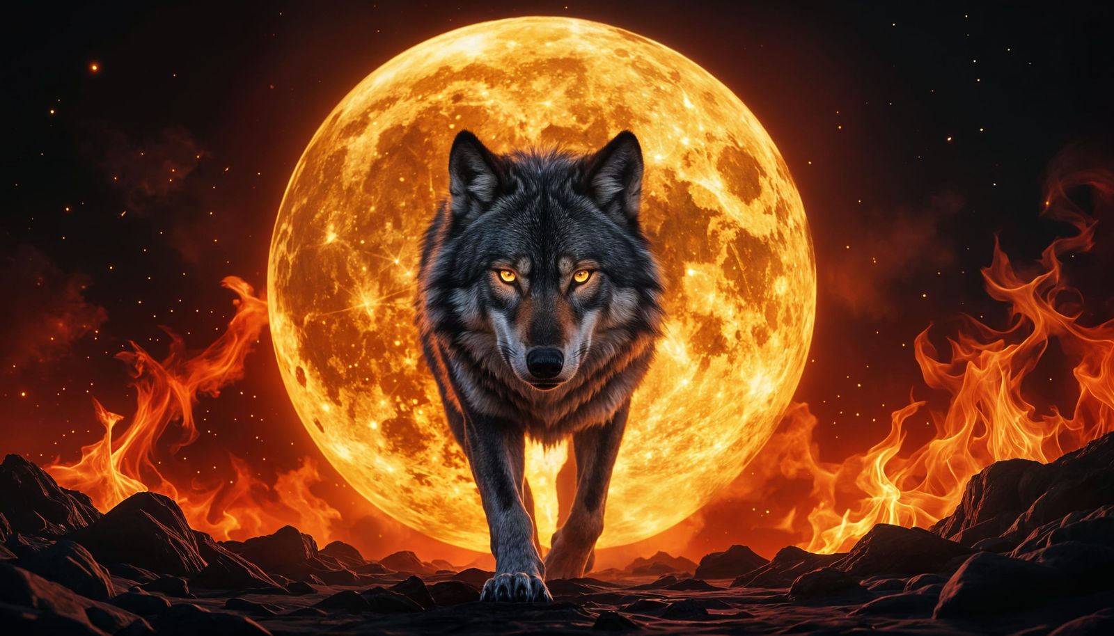 Wolf Emerging From Fiery Full Moon