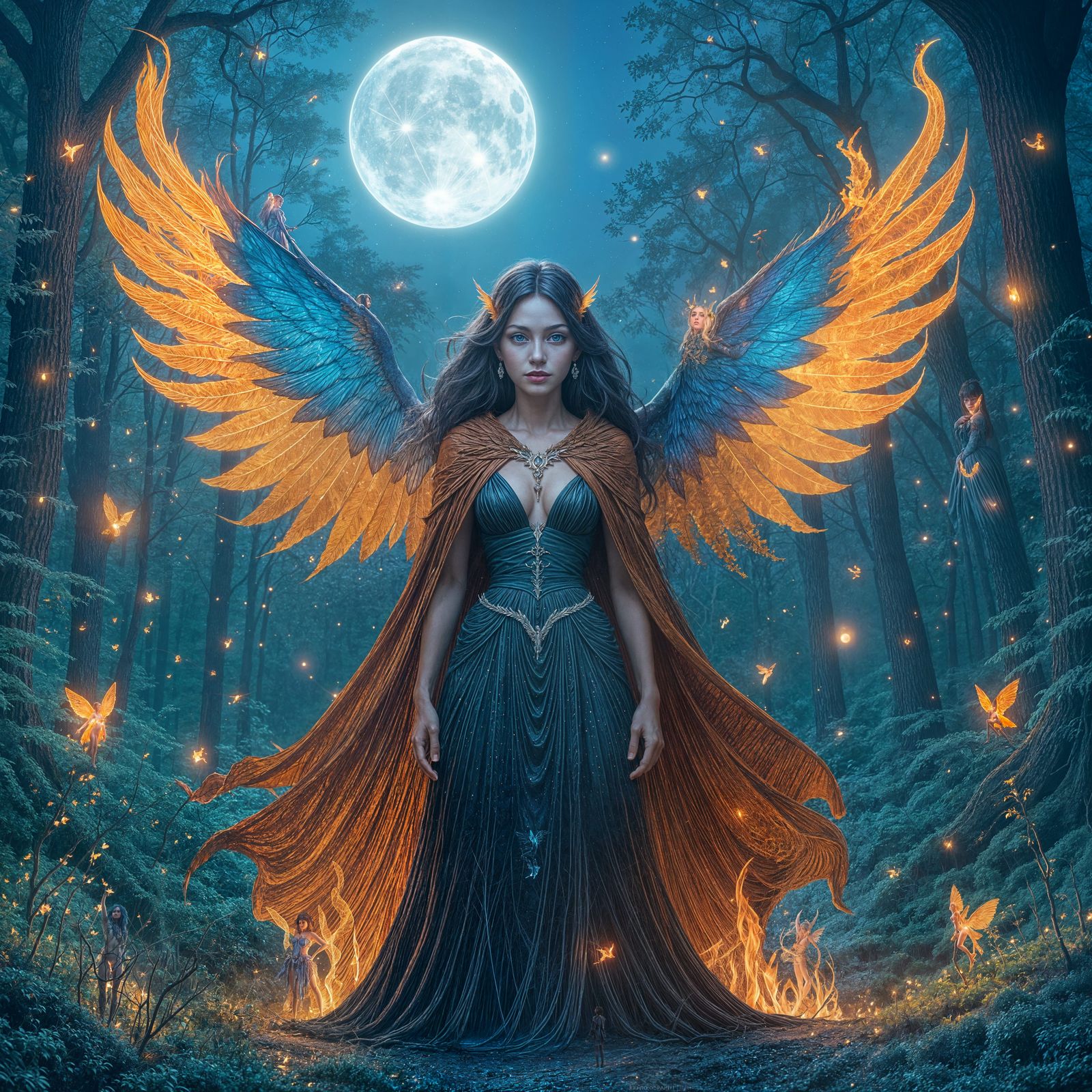 Blue-Eyed Fire Fairy in Moonlight Forest