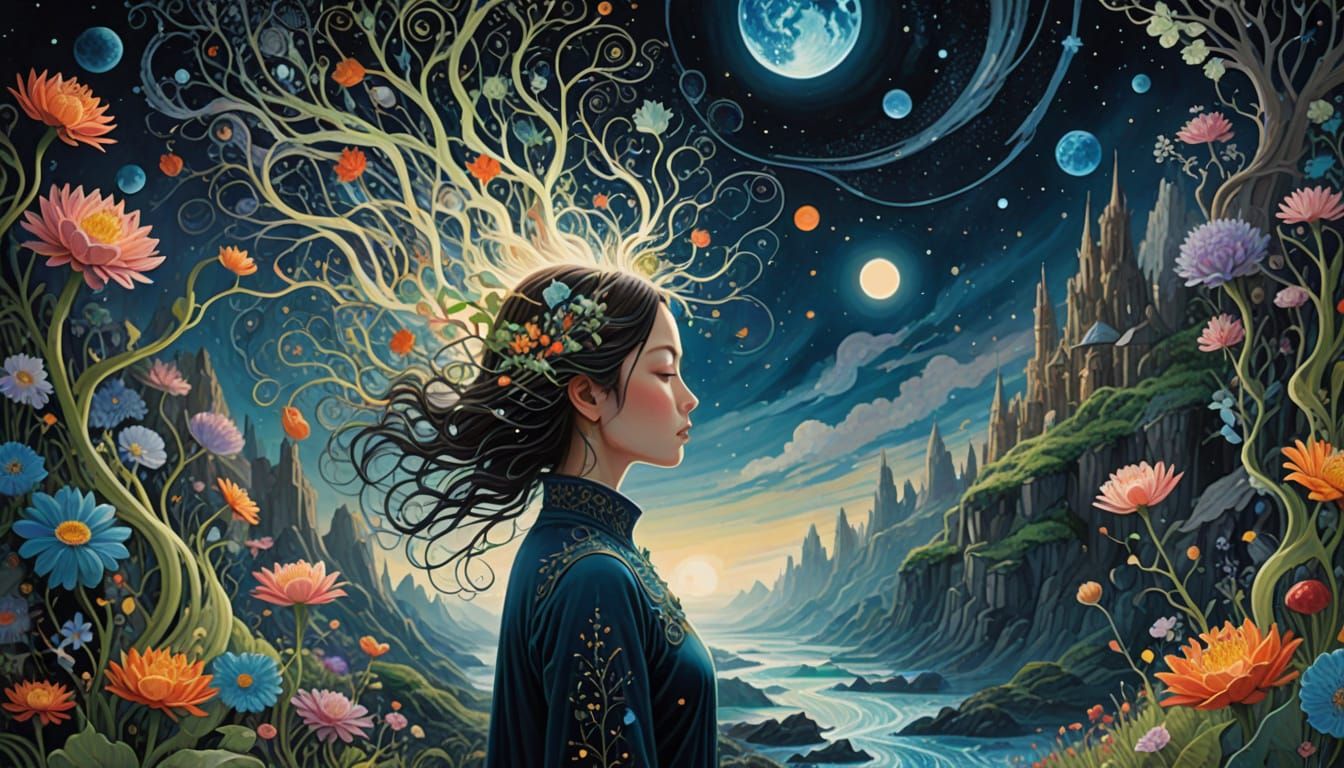 Surreal Birth in Cosmic Realm with Mystical Creatures and Vi...