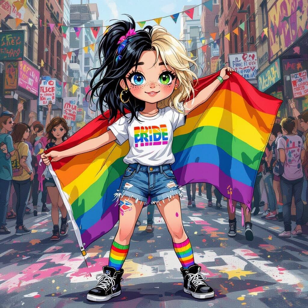 Pride Parade Participant with Rainbow Flag in Graffiti Style