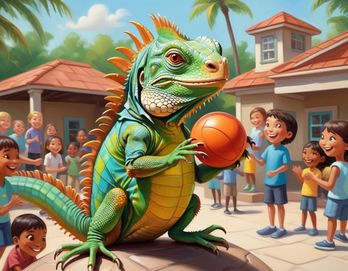 Adorable Cartoon Iguana Balances Ball in Oil Painting