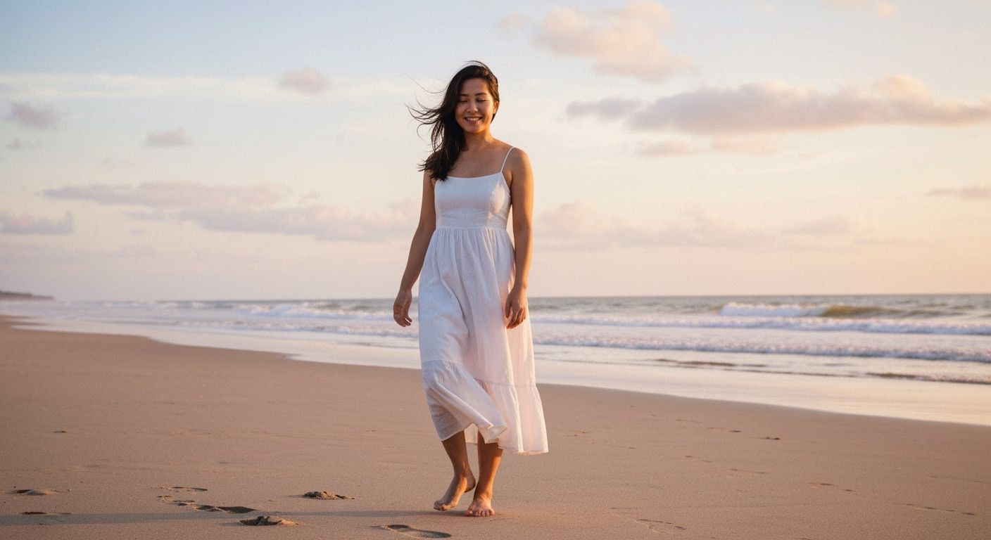 Asian Woman on Beach at Sunrise: Cinematic Film Still