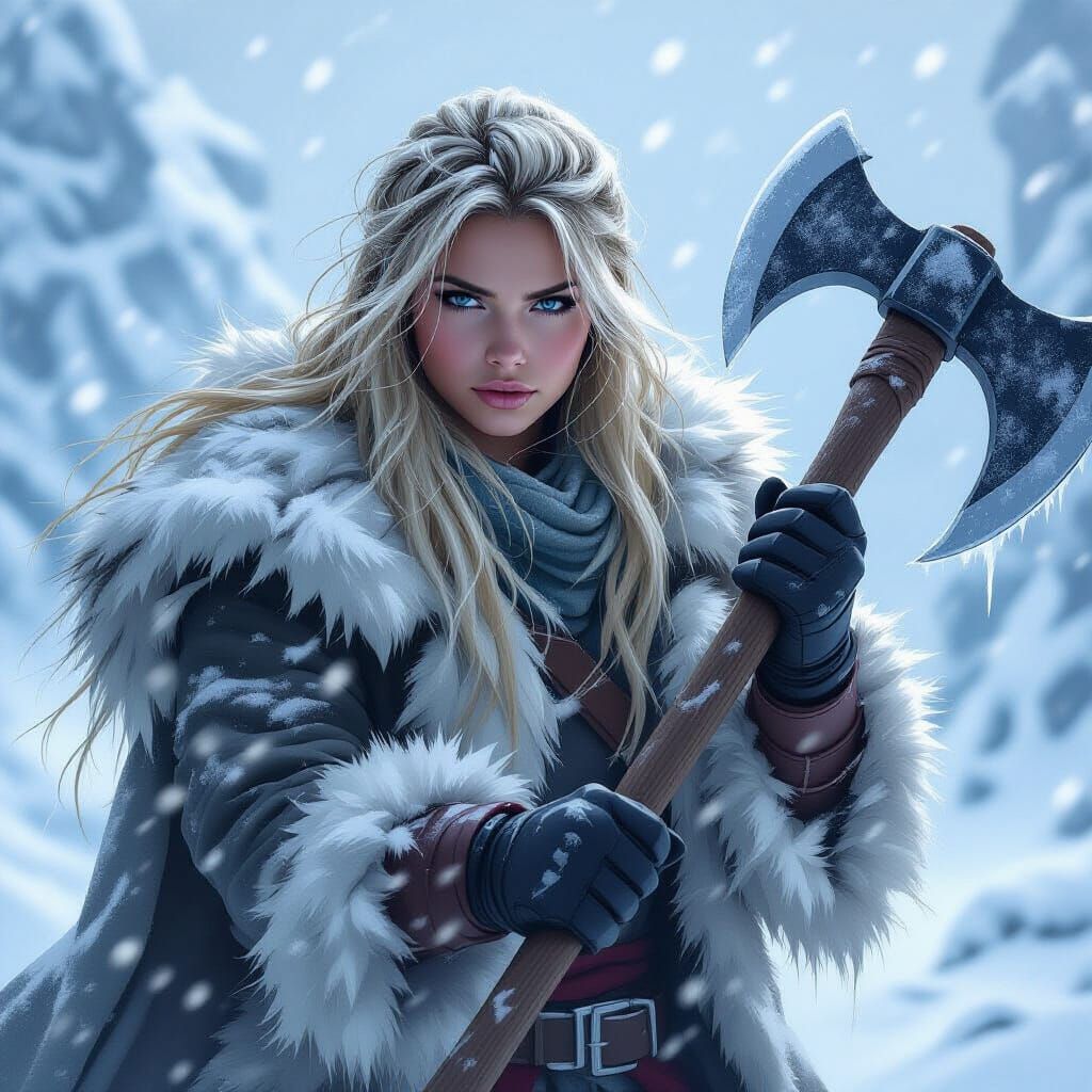 Arctic Warrior Swinging Axe in Blizzard, Digital Painting