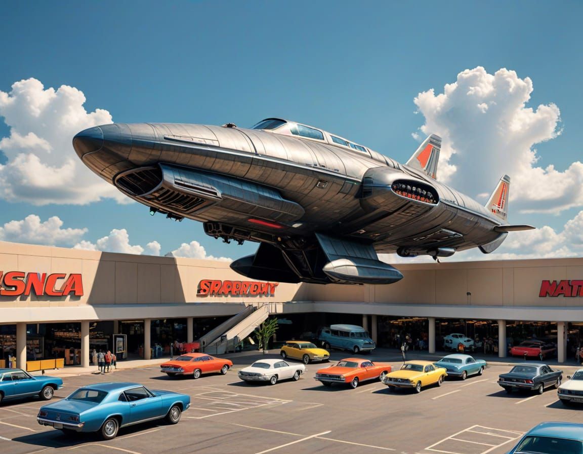 Spaceship Over Mall Parking Lot in Comic Book Style