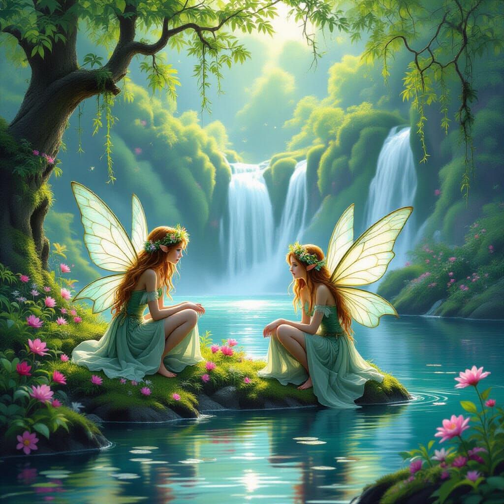 Magical Fairies by Lake with Waterfall
