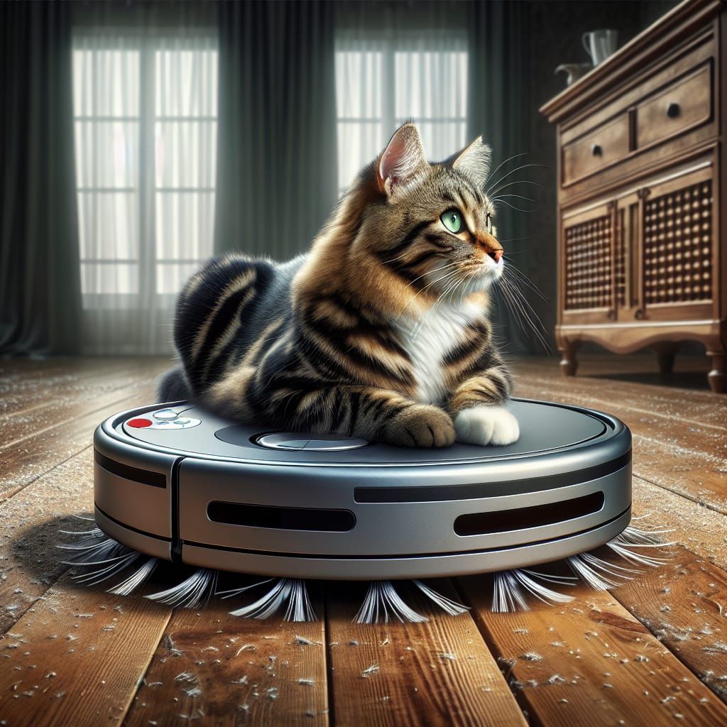 Regal Feline Rides Robot Vacuum with Superiority