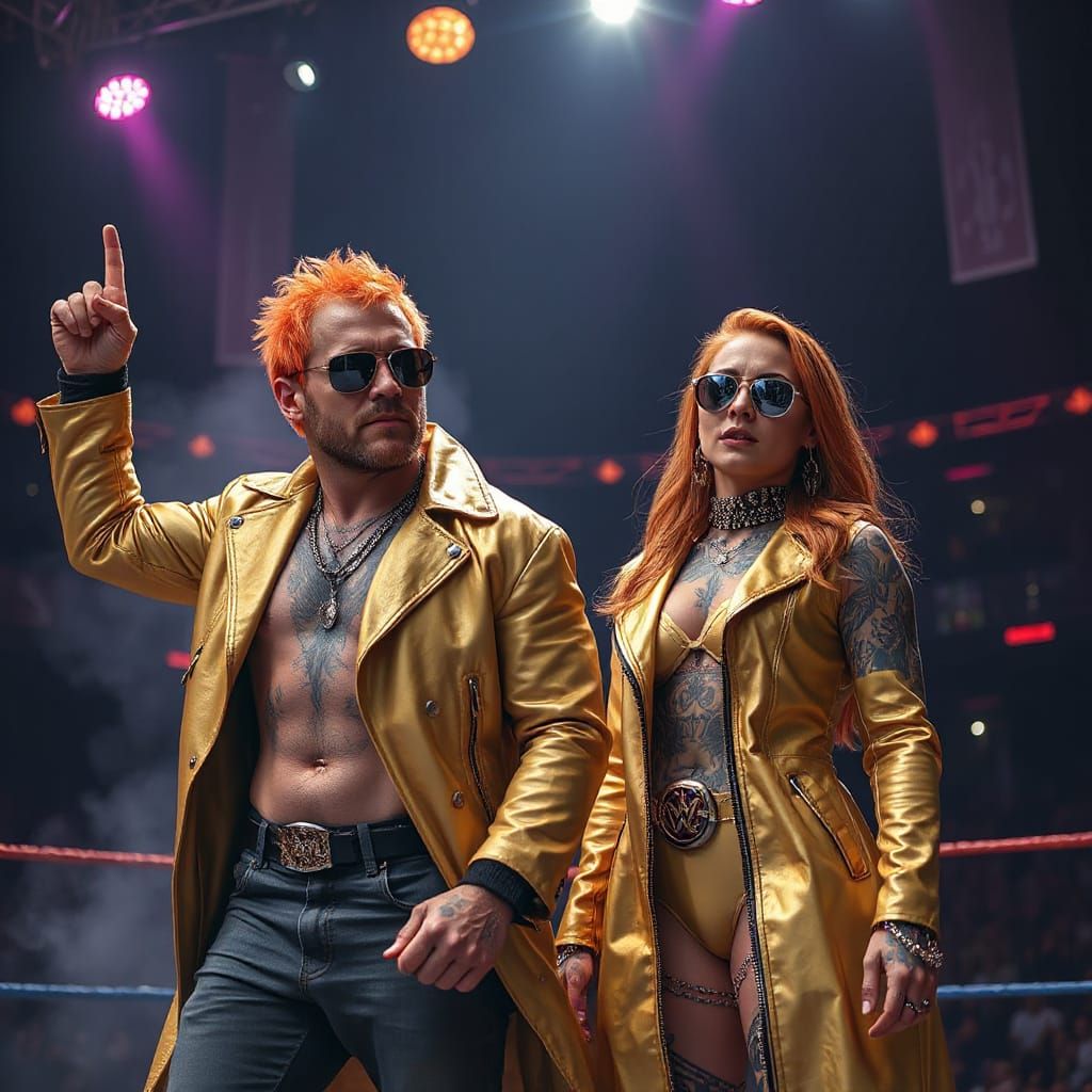 Victorious Wrestlers in a Neon Arena, Sci-Fi Style