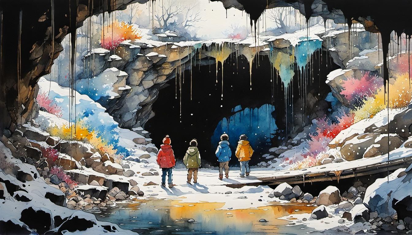 Colorful Troll Cave in Winter, Watercolor Style