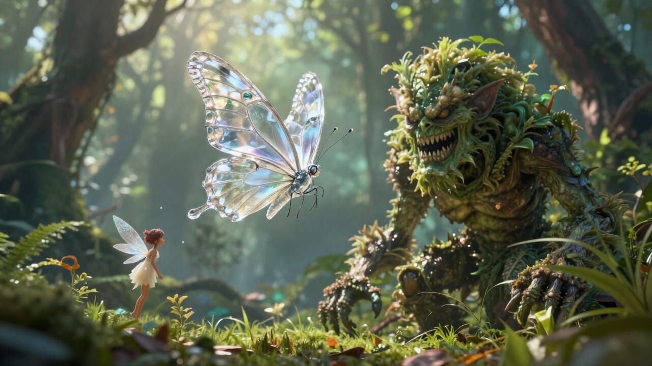 Crystal Butterfly Above Plant Monster in Sunlit Forest