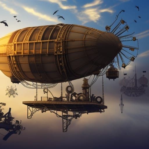 Giant Steampunk Airship Soaring at Sunset