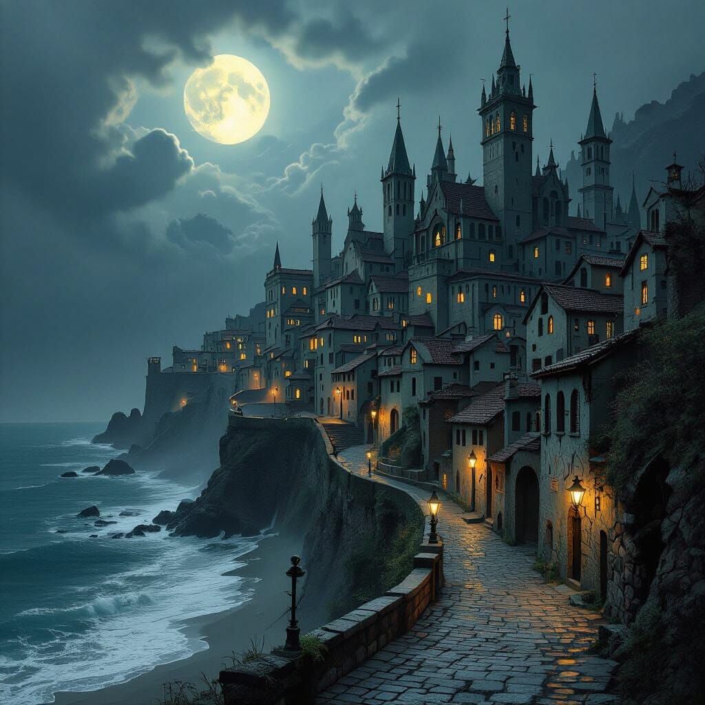 Gloomy Town on a Hill in Dark, Mysterious Style